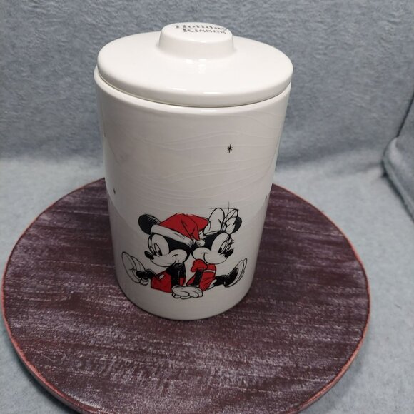 Disney Holiday Ceramic Jar With Lid Featuring Mickey & Minnie Mouse Design Zrike - Picture 1 of 13